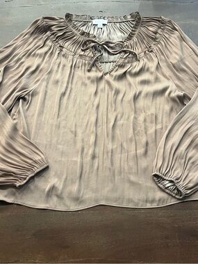 Evereve Taupe Long-Sleeve Peasant Blouse with Tie Neck - Size Large